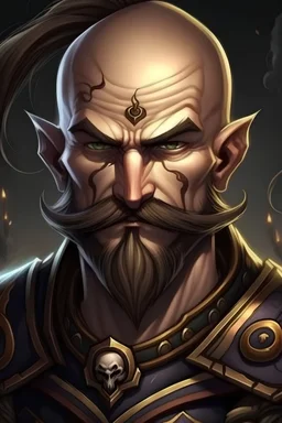 Make a portraif of world of warcraft character, a warrior he is called mobiib with no hair only a mustache