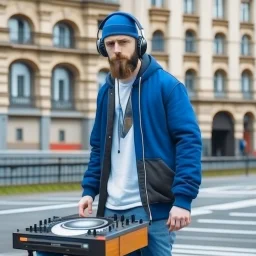 short beard man with cap, DJ play records ,at medeval city street background, full body