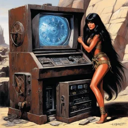 [art by Ray Harryhausen] a youthful Caroline Munro cautiously approaches the weathered and worn console, the most clever ordinateur in the universe. The once gleaming machine now bears the marks of time, covered in a layer of rust and dust that speaks of ages past. Despite its aged appearance, the user is granted access to a realm of knowledge and possibilities beyond her wildest dreams. The power and intelligence contained within this ancient ordinateur are shrouded in mystery, its mechanisms