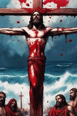 close up: upside down Jesus in blood and flesh on his Cross, an ocean of sins in the background