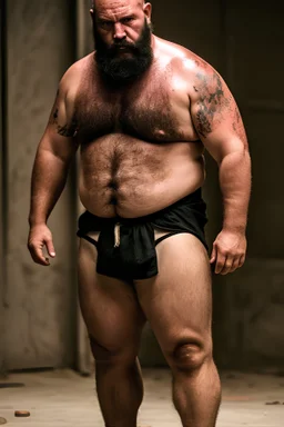 full figure shot photography of two dirty wet burly bearded wet sweaty chubby georgian prisoners angry very close, 44 years old in dirty ripped broken shorts, long beard, fight in a dark prison, dirty, ugly, bullneck, muscular, manly chest, shirtless, misery and poverty, angry eyes, big feets, photorealistic, cinematic, ultradetailed, 32k, view from the floor