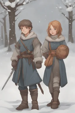 DnD style, two medieval peasant kids playing in the snow male and female, age 14 and 15, happy and playful, he has a short sword.