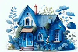 House illustration, realistic, detailed, illustrative, childrenbook style, Blue house, cute plants