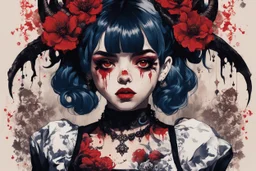 Poster in two gradually, a one side malevolent goth vampire girl face and other side the Singer Melanie Martinez face, full body, painting by Yoji Shinkawa, darkblue and sepia tones, wears a smart shirt which is embroidered with red flowers and ornaments, has dark eyes and horns