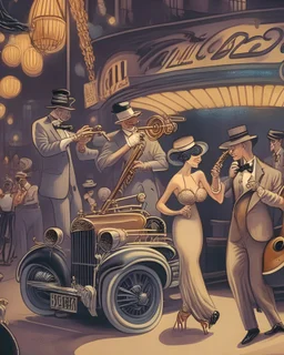 A lively jazz club scene in the 1920s, with musicians playing saxophones and trumpets, flapper dancers, and vintage cars outside.
