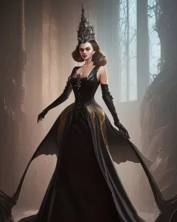 old evil queen in black leather gown, femme fatale, volouptous, busty, cleavage, angry, emperious, 8k resolution concept art portrait by Greg Rutkowski,