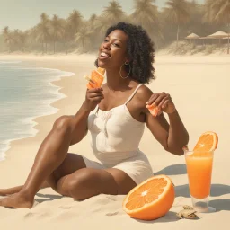 Portrait of black woman enjoying orange popsicle, enjoying the sun. She's at the beach with turtles and baby crab