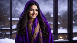 Hyper Realistic Photographic View Of A Gorgeous Pashto Young Woman (Wearing Long Purple Coat, Black Dress With Golden Embroidery & Wearing Purple Scarf On Her Neck) Alone Happily Standing & Smiling In Her Office Room With Her Beautiful Long Black Hair, With A Little Garden View From Outside Window At Dark Night With Heavy Snowfall View From A Fancy Window At Her Back Showing Dramatic & Cinematic Ambiance.