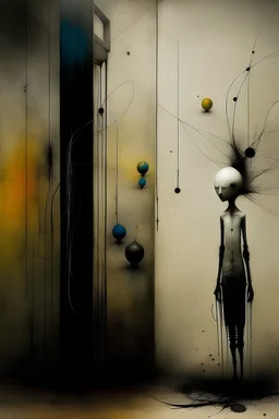 Style by Gabriel Pacheco and Joan Miro and Oskar Schlemmer, surreal abstract art, empathy for nightmares, dada doorway to the dreaming, surreal masterpiece, juxtaposition of the uncanny and the banal, sharp focus, smooth, by Stephen Gammell