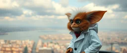 crazy fluffy gremlin scientist in lab coat standing in tower watching city on water