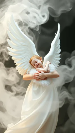 A beautiful female angle with wings carting a beautiful baby all white form formed from white smoke