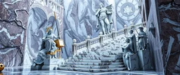 niad, greek gods and heroes, the chariot, the fool and the tower tarot card disaster rendered in magnificient 4d glossy marble stones reflective and wet, like mirrors, winding stairs, watchers, statues of perfect octahedron dice