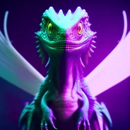 Reptile like creature, wings,feathers,deep colors,dynamic lighting,Ultraviolet dimension, unreal engine 5, 8k resolution, attractive, realistic, ultra detailed