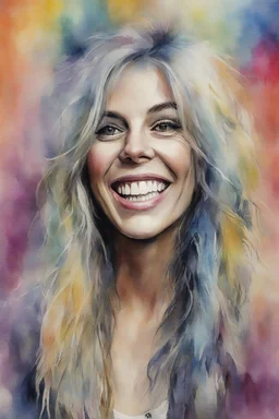 head and shoulders portrait, Miss Motley Crue - Smiling, a multicolored watercolor stained wall in the background, 4k, 8k, 32k UHD, Hyper realistic, extremely colorful, vibrant, photorealistic, realistic, sharp, highly detailed, professional quality, awesome, majestic, superb, trending on artstation, Cinematic, Real, Life like, Highly detailed, sharp, focused, fantastic