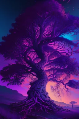 majestic tree, psychedelic, violet tones, fantasy landscape