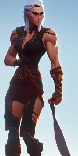 A tall muscular warrior woman with short blond hair