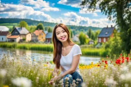 Young woman in flower field in country side ,river, houses,blue sky ,nice clouds,god rays