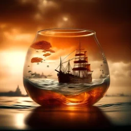 lovely double exposure image by blending together aThe stormy sea isAnd the glass orange with a ship inside it swims in the middle together . TheOrange Sea should serve as the underlying backdrop, with its details subtly incorporated into the glossy glass Orange , sharp focus, double exposure, glossy glass Orange , (translucent glass figure of anOrange ) (The sea is orange on the inside) lifeless, dead, glass Orange, earthy colors, decadence, intricate design, hyper realistic, high definition,