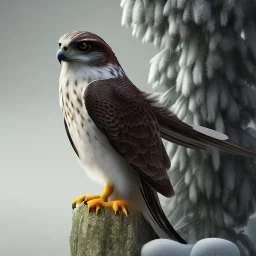 portrait of a falcon, feathers, extremely sharp detail, finely tuned detail, ultra high definition, 8k, unreal engine 5, ultra sharp focus, winter ambiance, forest background