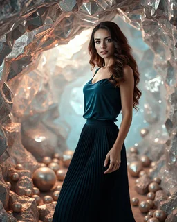 make a picture pretty cave made of crystal and metallic 3d fractal recursive cubic and sphere base structures and a beautiful fashion model lady with cute,with dark cyan decholte top and pretty pleated midi skirt,siver,curvy long hair,makeup, she walks in cave ,dynamic camera fallow her inside cave capturing full body, dynamic lights.