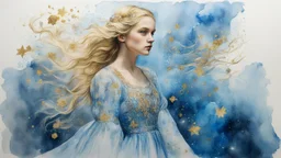 Middle Ages, fine charcoal drawing, watercolor, gouache, acrylic, portrait of a beautiful blonde 20 years old, airy dress, double exposure, fantasy, water, blue, loose hair, flower, glare, sparkles, gold, clear lines, high resolution, 3D , photorealism, precise focus