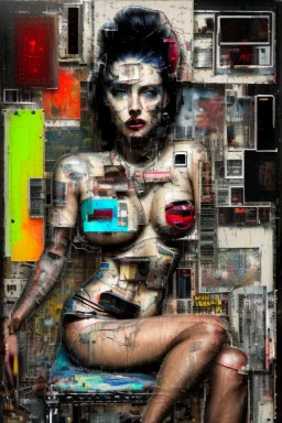 Ultra detailed medium portrait painting of a half naked woman sitting on a chair, no nudity, bended over, dark room with little light coming from an open door behind her, torn up collage of clippings, broken circuitry background, matrix effects, punk visual art, punk art aesthetic, graffiti art, pop surrealism, collage art, cluttered paint glitches