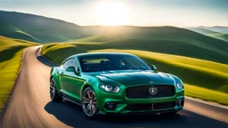 Cross between Ford mustang and bentley, on a road of green hills in morning, clear blue sky, shining sun rear view