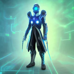 Cyber wizard using glasses with blue matrix backgroud