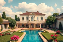 a luxury villa yard with pool in center and pretty plants trees flowers, pretty clouds,a pretty model lady in victorian clothing walking in villa yard green path next pool .every thing and lady is made of small colored cubes as a puzzle
