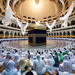 The scene in Mecca: People wearing white Ihram clothes, men without head coverings, women with veils, circumambulating around the Kaaba, and above them are transparent white spirits of children, men, and women with wings revolving around the Kaaba.