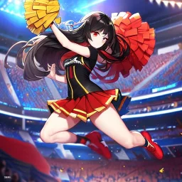 Clear focus, High resolution, long black fluffy hair, red eyes, chopped bangs, wearing a cheerleading outfit, jumping, wearing a skirt, legs together