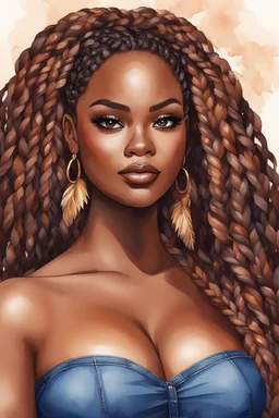 create a watercolor illustration of a plus size dark skinned black female wearing Tight blue jeans and a hazel brown off the shoulder blouse. Prominent make up with long lashes and hazel eyes. She is wearing brown feather earrings. Highly detailed box braids