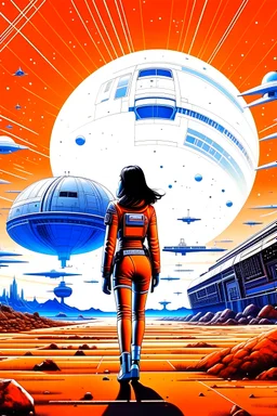 Kenji Tsuruta art style, space port, starship landing, a girl in skintight pilot suit walking toward the starship, perfect body, double mars in sky, several starships flying away far in background, detailed, sci fi, illustration