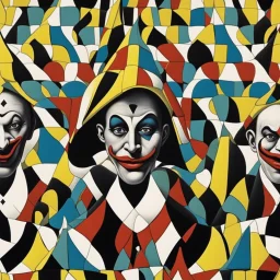 Creepy harlequin jester 2/3 portrait who directly behind has an infinite number of identical copies that stretch on and on infinitely into the horizon, optical illusion, mind-bending surreal image, style by Gerald Scarfe and Yves Tanguy, dark colors, harlequin pattern, dramatic depth of field.