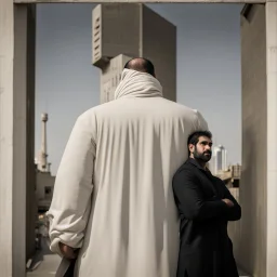 a Persian gay big man in a modern street in Tehran with towers.