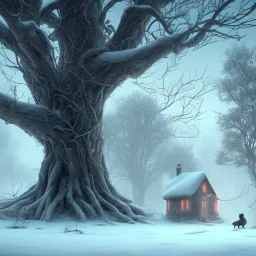 robed shadow behind sad, abandoned, miserable dog chained to a tree, family home in background, winter, loneliness, 8k resolution, high-quality, fine-detail, iridescent, intricate, digital art, detailed matte, volumetric lighting, illustration, 3D octane render, brian froud, howard lyon, selina french, anna dittmann, annie stokes, lisa parker, greg rutowski