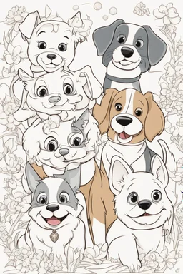 colouring book cover, simple picture for toddlers, pets: dogs, kitties, disney and pixar style