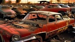 Cementerio de automóviles → Fotografía analógica → Americana clásica → Capas de coches apilados, cromados reflejando el cielo, parabrisas estallados como telarañas → Encuadre de 35mm con gran angular para distorsionar las pilas de metal → Luz de atardecer rojizo creando largos reflejos en los parachoques → Rojos rubi, cromados brillantes y verdes oxidados → Sueño americano roto y consumismo efímero