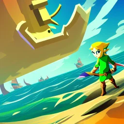 Legend Of Zelda: Wind Waker style vast ocean, stylized, celshaded, colorful, adventurous, frontal view, full view.