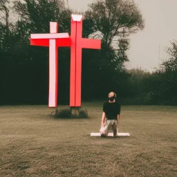 person kneeling in front of a huge cross