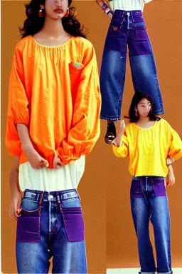 year 1996 denim fashion. Loose fit, low waist. Colors: denim blue, blue, purple, khaki, light green, lilac, plum, orange, terracotta, red, light yellow, lion yellow, pink, dark blue, beige.