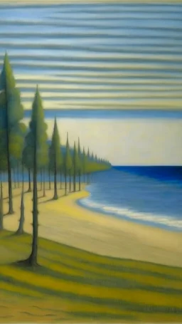 A grayish blue beach near a forest painted by Georges Seurat