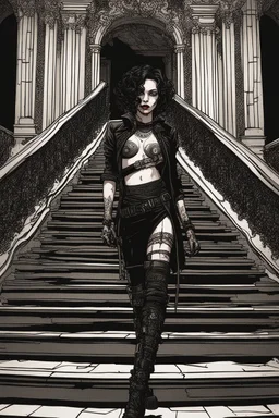 scarred cyberpunk vampire girl with tribal tattoos short curly dark cyberpunk hair descending the staircase in decaying gothic mansion with ornate dagger in hand at dawn