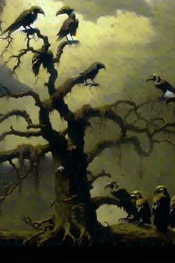 A group of crows standing on a scary tree without leaves . its skin is covered in moss and lichen, allowing it to blend seamlessly into its surroundings. Forest Spirits feed on the energy of trees and can create thick fog to confuse their victims.