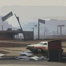 Minimal contemporary abstract oil-painting of desolate 1960s carpark with road markings and concrete fragments. Overlay with grungy typography graphics. style of Justin Mortimer and Francis Bacon.