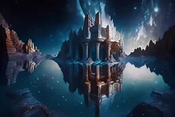 Palace carved into the rock, galaxy, infinity, space, reflection in water , sci-fi.