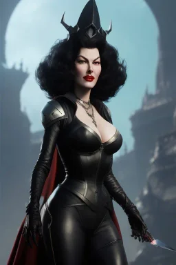 Ava Gardner as evil queen in black leather, busty, cleavage, curvy, angry, stern look. character design by cory loftis, fenghua zhong, ryohei hase, ismail inceoglu and ruan jia. unreal engine 5, artistic lighting, highly detailed, photorealistic, fantasy