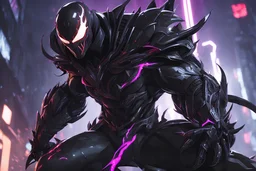 Venom Shredder in 8k solo leveling shadow artstyle, sombra machine them, close picture, rain, Shredder helmet, neon lights, intricate details, highly detailed, high details, detailed portrait, masterpiece,ultra detailed, ultra quality