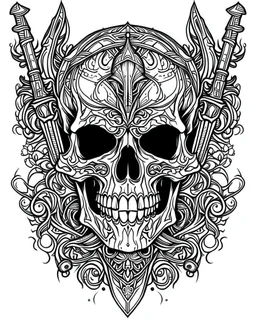 symmetrical skull with an embedded sword tattoo, coloring book page, clean line art, adults drawing book, Black and white only, crisp black lines, sharp lines, coloring page for adults, black and white picture, lots of details, tattoo style,tattoo ideas, full body