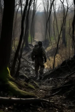 seorang penyintas sedang menyusuri hutan untuk kabur dari peperangan yang terjadi di tengah kota